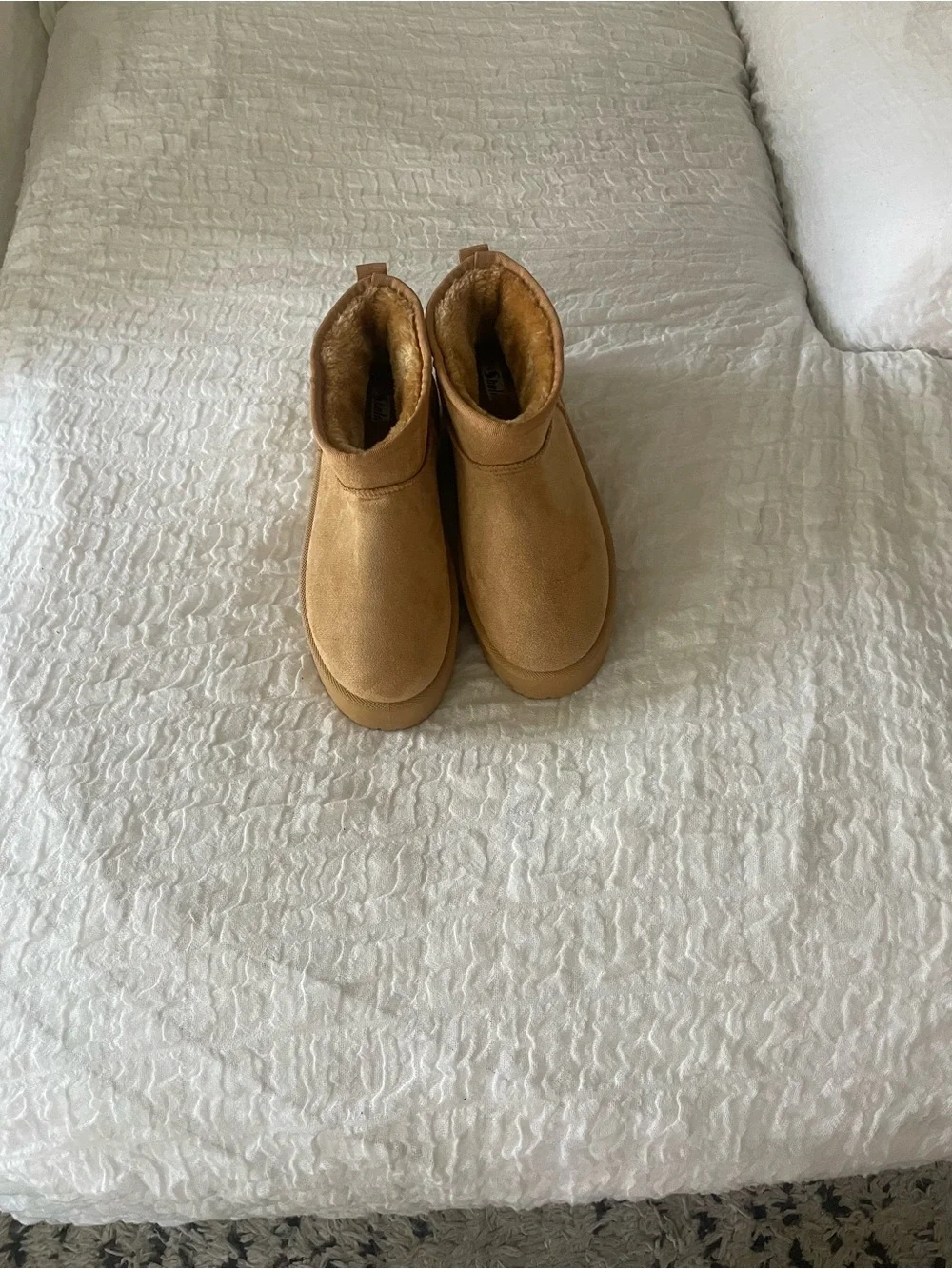SHEIN Tan Suede Platform Ankle Booties with Faux Fur